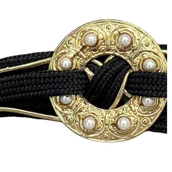 Vintage Black Gold Woven Braided Pearl Hammered Metal Concho Rope Belt Women - Picture 3 of 11